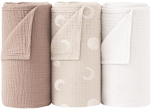 bearmoss 100% Mussole Neonato Cotone Coperte 96x102cm, Coperte di Ricezione Traspiranti e Morbidissime per Bambini, Ragazzi e Ragazze Unisex 3 pack (Luna)