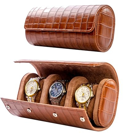 MR.OKAY 3 Watch Travel Case- Classic Leather Watch Case With Superb Texture.(Portable Watch Roll Or Organizer For Storage And Display).Festival Gift For Men, All Handcrafted By Artisans.