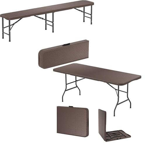 GYMAX Klappbarer Campingtisch mit 1 Bank, tragbarer Klapptisch und Klappbank mit HDPE-Rattan-ähnlicher Oberfläche & Metallrahmen & Tragegriffe, 2-teiliges Camping-Set für Outdoor，Garten，Partys (2)