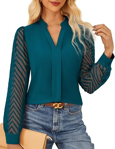 Damen Oversize Shirts Business Elegante Blusenshirt Spitzen Transparenten Ärmel Bluse Freizeit Oberteile Blaugrün XXL