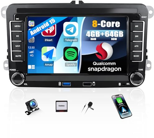 CAMECHO 8-Kern Android 15 Autoradio 4+64G für Golf 5 6 VW Polo Touran Tiguan Passat Seat Skoda mit Rückfahrkamera, DSP, 7 Zoll Wireless Carplay Bluetooth Radio mit Android Auto WiFi GPS FM/RDS