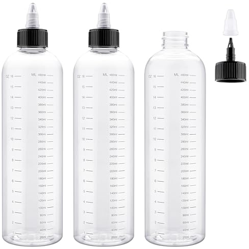 Decorniqu 3 Pack Hair Oil Applicator Bottle 500ml Measured Squeeze Bottles with Graduated Scale Oil Applicator Twist-On Top Tip Cap Empty Plastic Dry Bottle(Clear)