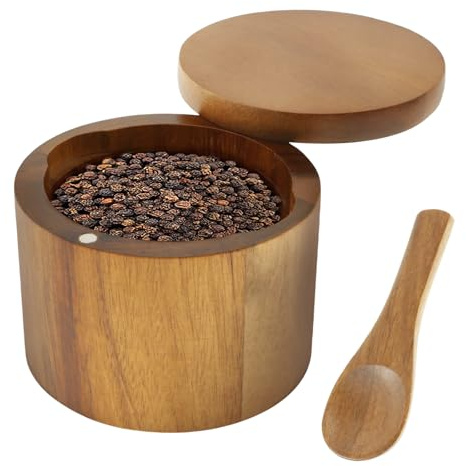 JEJUWE Acacia Wood Salt Pig with Lid and Built-in Spoon, 1 Compartment Salt Cellar for Kitchen, Magnetic Swivel Salt Box for Herb Sugar Pepper Spice Storage, Round Wooden Seasoning Holder