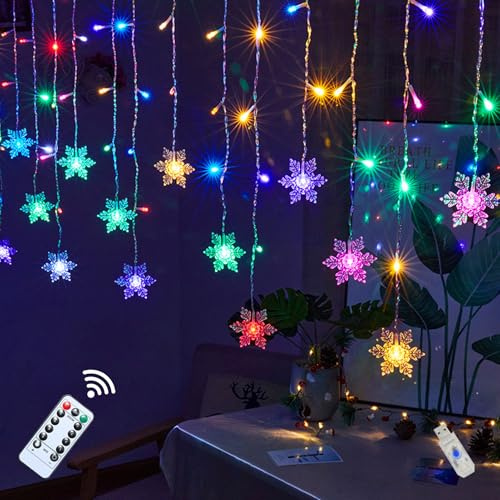 Xevinas Schneeflocken Weihnachtslichterkette Außen Lichtervorhang IP44 Wasserdicht USB 8 Beleuchtungsmodi LED Lichterkette Vorhang Weihnachtsbeleuchtung für Innen Fenster Balkon (A)