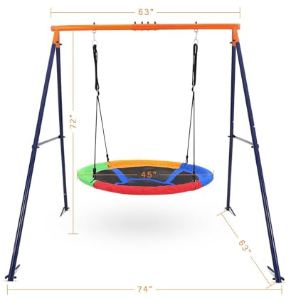 RBFGYIOP Altalena rotonda da esterno 114cm – Telaio in metallo a forma di A – Portata 200 kg – Altezza regolabile – Ideale per bambini in giardino e cortile – Colore Blu/Arancione