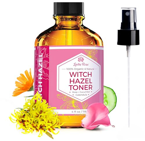 Witch Hazel Alcohol Free Toner by Leven Rose, 100% Pure Organic Facial Rose Water with Rose Petals, Calendula, Cucumber, and Chamomile Flower 4 oz