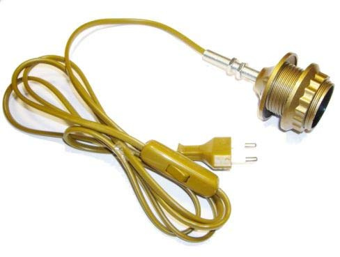 Elektrofassung E27 Set: Kabel, Gewinderohr & Elektrostein, Gewindemantel, Dachkappe – Gold – Hanna's Laden – Fassung für Lampe mit Kabel – Unmontiert zur Selbstmontage DIY – Inkl. Montageanleitung