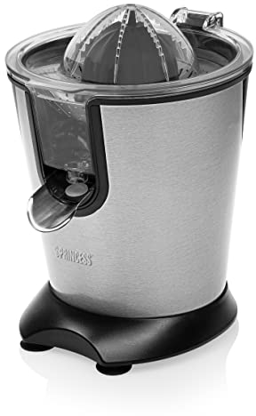 Princess 201850 Exprimidor de cítricos con tapa transparente protectora para prensado sin esfuerzo, Filtro para pulpa, sistema anti goteo, base antideslizante, silencioso, Acero Inoxidable, 160 W