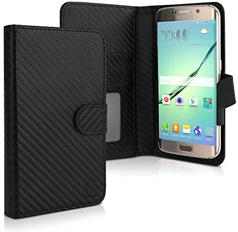 Cover custodia compatibile con Smartphones (14.2cm x 8cm x 1cm) protezione universale, ‘Bookstyle Case’, Similpelle, con magnete, nero, 3 taschini interni per schede/carte cover integrale piegabile