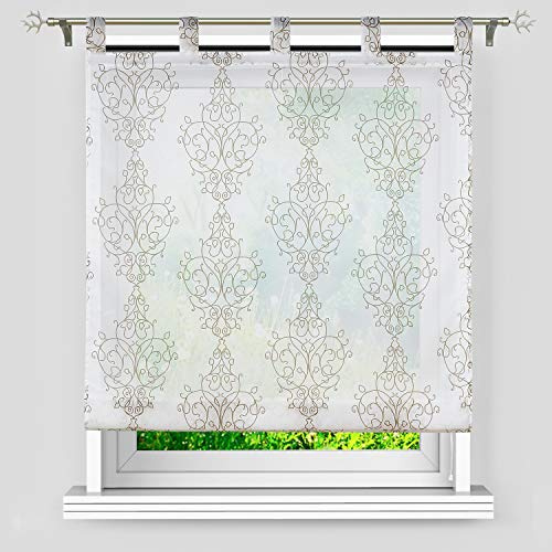 Heichkell Voile Raffrollo Modern Raffgardine mit Schlaufen Halbtransparent Bandrollo Gewinde Muster BxH 100x140cm Sand