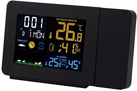 Hakeeta Reloj Despertador de proyección para Habitaciones con estación meteorológica, termómetro inalámbrico para Interiores y Exteriores, Pantalla LED Digital Grande y atenuador