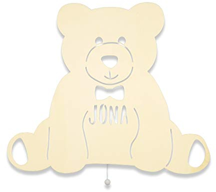 hellomini Schlummerlicht mit Namen personalisiertes Nachtlicht Holz LED Kinderlampe Tauf-Geschenk für Mädchen oder Jungen Theo der Teddy Teddybär Baby-zimmer Kinderzimmer Lampe [Energieklasse A++]