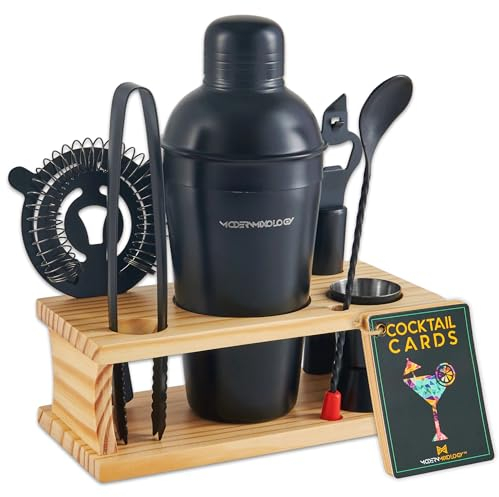 Modern Mixology Juego de coctelera – Kit de 8 piezas para camarero en soporte de pino de calidad | Juego completo de regalo de cóctel | Regalos de barman para hombres | Diseño a prueba de fugas (negro