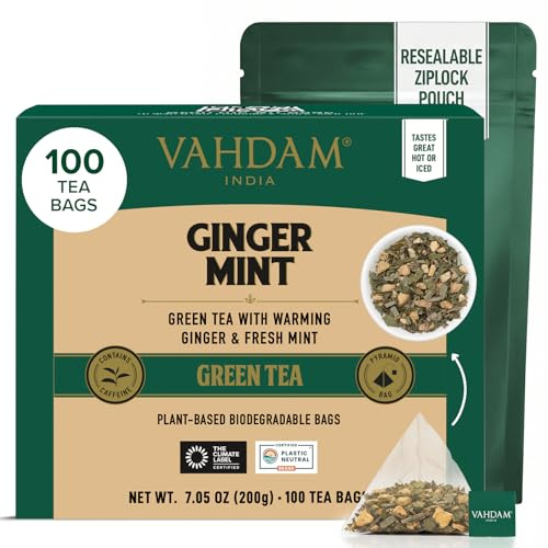 VAHDAM, Ginger Mint Green Tea Bags (100 Count) High Grown Green Tea with Raw Ginger | Low Caffeine | Non GMO, Gluten Free | Mint Tea Bags | Resealable Ziplock Pouch