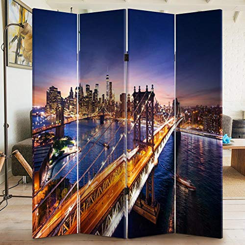BAKAJI Paravento Separè 4 Pannelli Struttura in Legno Rivestimento in Tela con Stampa Fronte Retro Citta New York Divisorio Richiudibile Pieghevole Design Moderno (Ponte Manhattan)