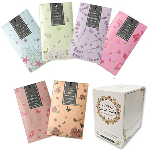 LIFFLY 14 Packs Scented Sachets Bag for Drawers and Closets Long-Lasting Home Fragrance Sachet Lavender Rose Jasmine Ocean Vanilla Sandalwood 6 Different Scent Gift Box
