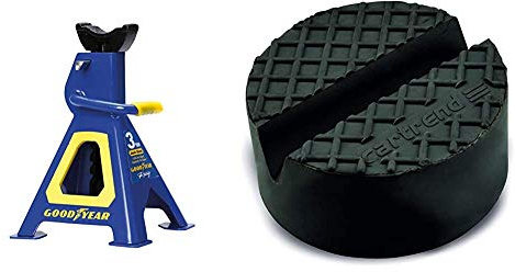 Goodyear 75519 Premium Unterstellbock 3 Tonnen & Cartrend 10282 Universelle Gummiauflage für Wagenheber und Hebebühnen