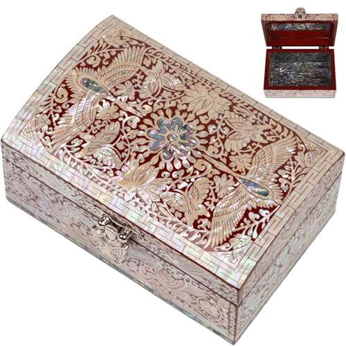 February Mountain kleines Perlmutt-Schmuckkästchen aus Holz mit Kranich-Design, Andenkenkiste mit Spiegeldeckel, Deko-Box für Zuhause oder Büro, Hochzeit, Jahrestag, Muttertag, Geburtstag, Frauen