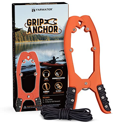 FARWATER Canoe Anchor Grip - Boat, Float Tube & Kayak Fishing Accessories, Kayaking Equipment - Brush Clamp Anchor with Teeth - Gripper with 15ft Paracord - Rubber Grips - Coated Steel - Matte Orange