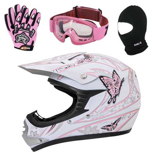 Zorax ZOR-X18 Butterfly S (49-50cm) Children Kids Motocross Helmet ECE 2206 & Gloves S(5cm) & Goggles & Balaclava - Dirt Bike Off Road Motorbike Helmet