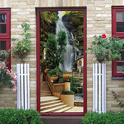 Xxellie Wandbilder Türtapete Treppe Gebäude Wasserfall 90X200Cm Türtapete Selbstklebend Türposter 3D Pvc Türaufkleber Türsticker