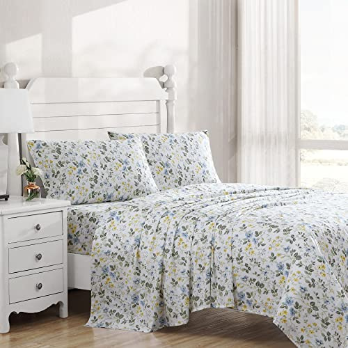 Laura Ashley Home - King Sheets, Soft Sateen Cotton Bedding Set - Sleek, Smooth, & Breathable Home Decor, Meadow Floral Blue