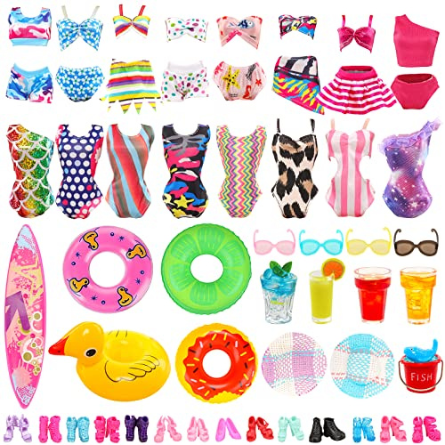 Miunana 31 Dockkläder, Docktillbehör, 10 Badräkter, Bikinis, 2 Simringar, 10 Par Skor, 9 Tillbehör, Dockhatt, Slumptillverkad Stil för 11,5 Tum Flickdocka.