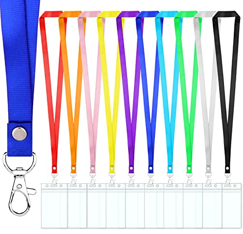Ausweishülle Mit Band, 10 Stück Schlüsselbänder mit Transparent Kartenhalter, Bunt Nylon Umhängeband mit Impfpasshülle und Schwenken Karabiner für Geschäfts Messe Firmen Schulen