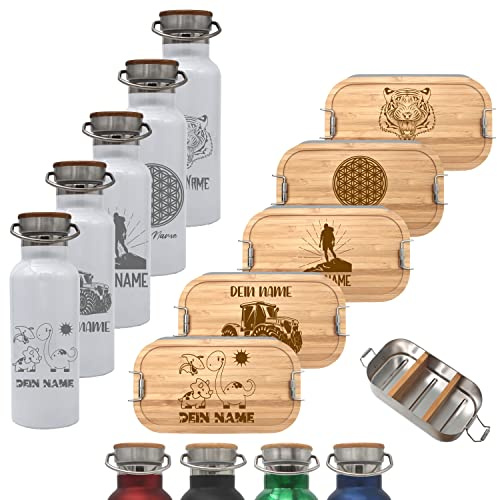 Brotdose 700ml mit Fächern und Trinkflasche 500ml aus Edelstahl mit Namen personalisiert, Lunchbox und Isolierflasche für Kinder und Erwachsene Brotzeitbox (Flasche WEISS, Kleine Lunchbox 700ml)