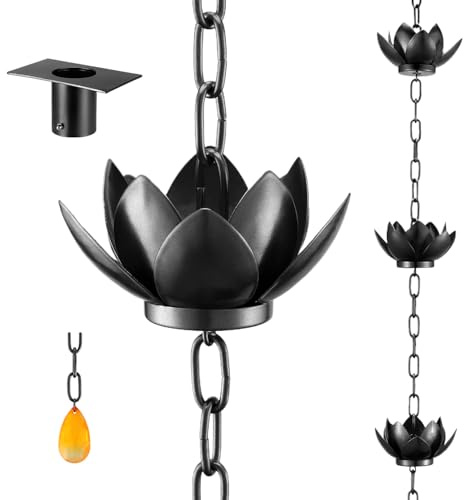 Oak Leaf Rain Chain with Adapter, 8.5ft Adjustable Lotus Rain Catcher Chain for Gutters Outside Downspout, for Divert Water and Home Display, Black Powder Coated