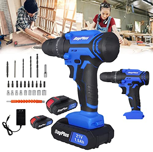 Cordless Combi Drill Driver Electric Screwdriver with 2x Rechargeable Battery, 2-Speed Setting Cordless Drill Driver Set, 45 N.m Fast Charger LED Work Light for Home DIY Work