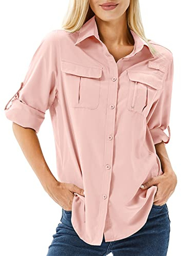 yeyity Hemd Damen UPF 50+ UV Schutz Langarmshirt Damen Outdoor Schnelltrocknend Sommer Shirts Safari Kleidung Wanderhemd Casual Button Down Tops(5071,Pink,M)