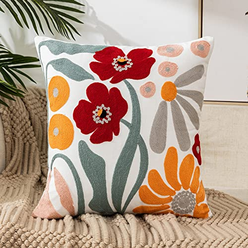 vctops Farmhouse Embroidered Throw Pillow Cover Floral Tufted Woven Decorative Pillowcase Square Accent Cushion Cover for Sofa Couch Bedroom, No Insert (Floral A,18x18)