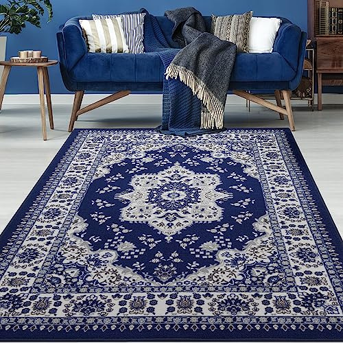 Antep Rugs Alfombras Oriental Traditional 5x7 Non-Skid (Non-Slip) Low Profile Pile Rubber Backing Indoor Area Rugs (Navy Blue, 5' x 7')