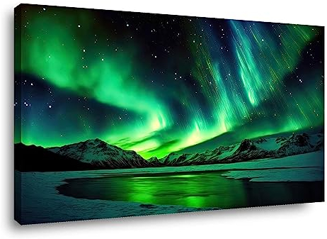 Visario Leinwandbild Nordlicht 80x60 cm – Wandbild auf Holzrahmen – Polarlichter über Bergen – Hochwertiger Kunstdruck für Wohnzimmer, Schlafzimmer & Büro – Fertig zum Aufhängen