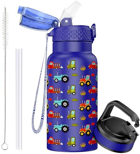 Oldley Botella Agua Aislada Acero Inoxidable para Niños 500ml/17oz con Pajita Metal Doble Pared al Vacío a Prueba Fugas Reutilizable Pequeña Botella con 2 Tapas Diferentes Bebidas Frías Calientes