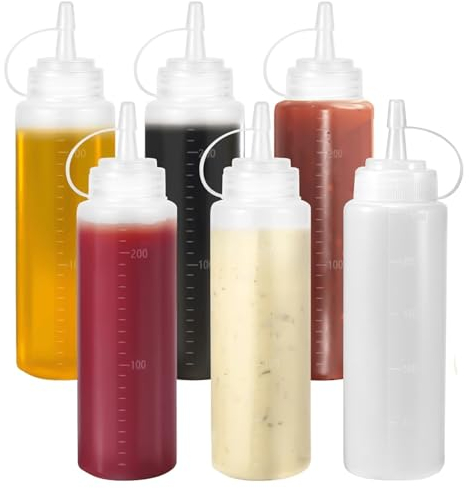 6 Pack Sauce Bottles, 250Ml Plastic Squeeze Spray Condiment Bottles, Plastic Squeeze Sauce Bottles With Caps, Squeeze Bottles With Nozzles For Condiments, Ketchup, Hot Sauce, Bbq, Kitchen, Picnic
