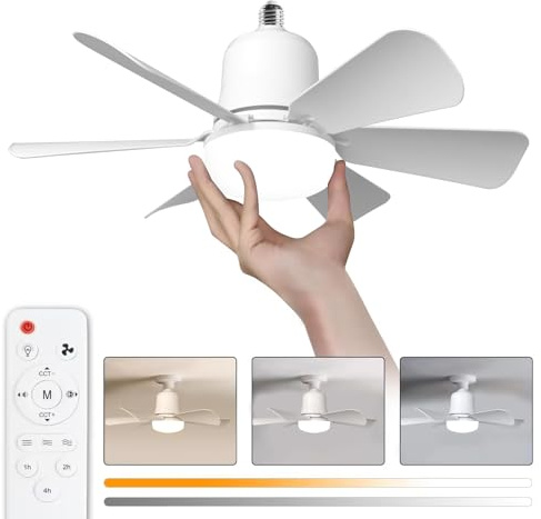 himmel Ventilateur plafond avec lumiere, 30W Lampe Ventilateur Plafond avec Douille E27, Dimmable LED pour Chambre, Salon, 3 Vitesses, 6 Pales (Blanc 30w)