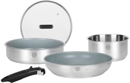 Sitram 716744 Batterie de Cuisine inox 5 pcs : 1 manche amovible, 1 casserole Ø18cm, 1 Poêle Ø28cm, 1 Sauteuse Ø24cm, 1 Couv verre - Revêtement Antiadhésif Sain en Céramique - Tous feux dont induction