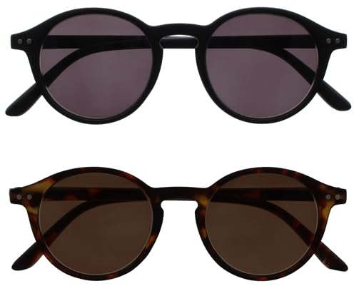 OPULIZE REY Gafas de Lectura Solares - Pack de 2 - Montura Redonda Retro - Negro Mate, Carey Marrón - Hombre Mujer - Bisagras de Muelle - SS56-12 - +1.50