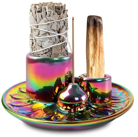 Soporte para incienso 4 en 1, cuenco para cada incienso, soporte de palo santo, soporte para incienso de cerámica, soporte para varillas de incienso, salvia blanca para ahumar (multicolor)