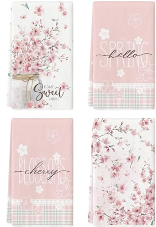Artoid Mode Kirschblüten Vase Hallo Frühling Küchentücher Geschirrtücher, 42x65 cm Sommer Home Sweet Home Dekoration Polyester Handtücher 4er Set