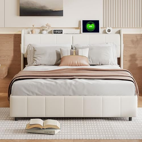 ADFUNIT Bett 140x200 cm mit USB, Modern Polsterbett Doppelbett mit 4 Schubladen und Lattenrost, Jugendbett Rückenlehne Bettgestell, für Erwachsene, Ohne Matratze, PU Weiß