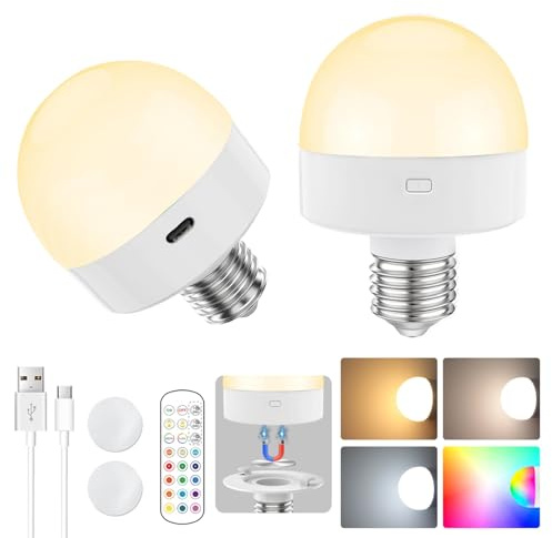 VIIVUU Bombilla Recargable USB,Bombillas Recargables USB con Mando a Distancia,E27 15RGB Bombilla Sin Electricidad con Función de Temporización, Bombilla Sin Cable con Batería 2P