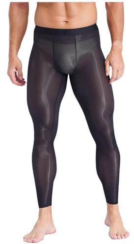 winying Herren Sport Leggings Lange Ice Silky Yoga Fitness Strumpfhosen Sexy Durchsichtig Schlafhose Mit Bulge Pouch Schwarz M
