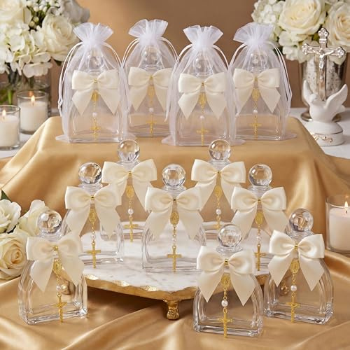 Chuangdi 24 Piezas 12 Juego Botellas de Agua Bendita para Bautizo Adornos para Huéspedes Envase de Agua Bendita con Cruz Rosario Bolsa de Organza Lazo 50ml Envase de Vidrio Vacío para Comunión Boda