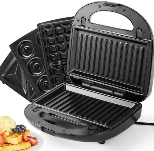 SUPERLEX Juego de sandwichera multifuncional 4 en 1, para sandwichera, parrilla de contacto, gofrera, tartas, 2 rebanadas con revestimiento antiadherente, horneado de doble cara a temperatura