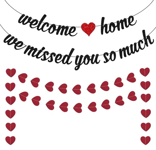 Willkommen Zuhause Banner Girlande Deko - Welcome Home Dekoration mit We Missed You So Much Banners Schwarz, Glitzer Rot Herzlich Willkommen Bunting für Familie Rückkehr Familienfeiern