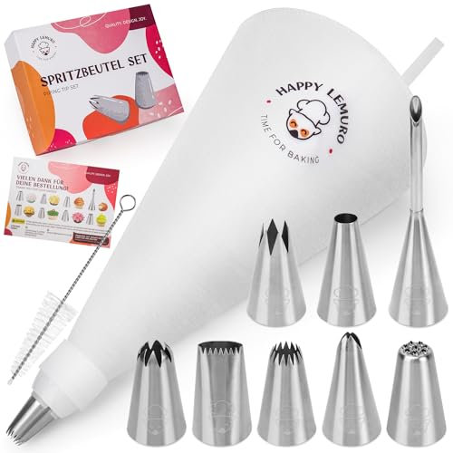 Happy Lemuro Manga Pastelera con 8 Boquillas | Set de Boquillas con Manga - Accesorios para Hornear incl. Jeringa para Berlinas | Rellenador de Krapfen - Manga para Tartas