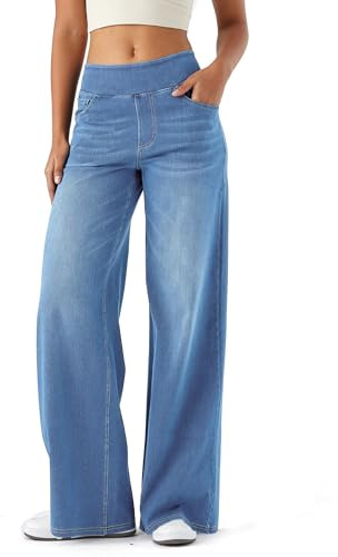 LaiEr Jeans a Gamba Larga Donne, Vita Alta, Gambe dritte, vestibilità Sciolta, Jeans Casual Molto Elastici, Adatto per Yoga, Fitness e Sport di Tempo Libero.(Blu Chiaro S)